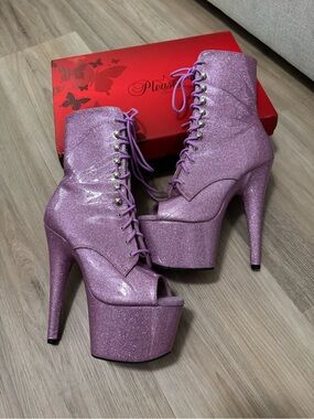 PLEASER Adore 1021 Glitter Platform Lace-Up Peep-Toe 7” Ankle Boots Lilac Size 9